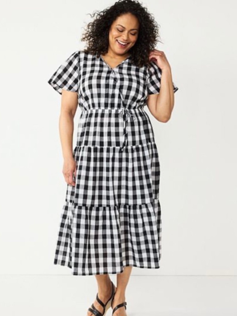 croft & barrow Black and White Gingham Tiered Midi Dress